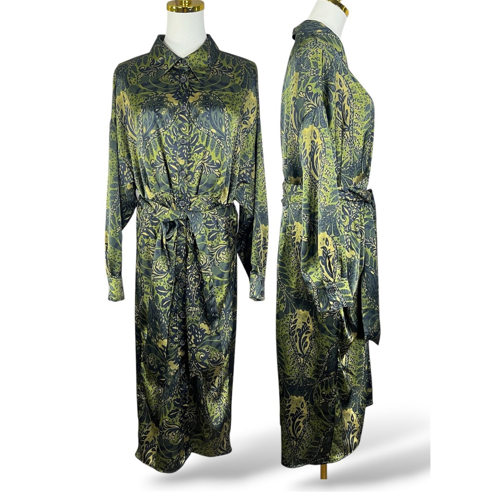 Antonio Melani Green Damask Paisley Button Down Belted Midi Shirt Dress Size 12